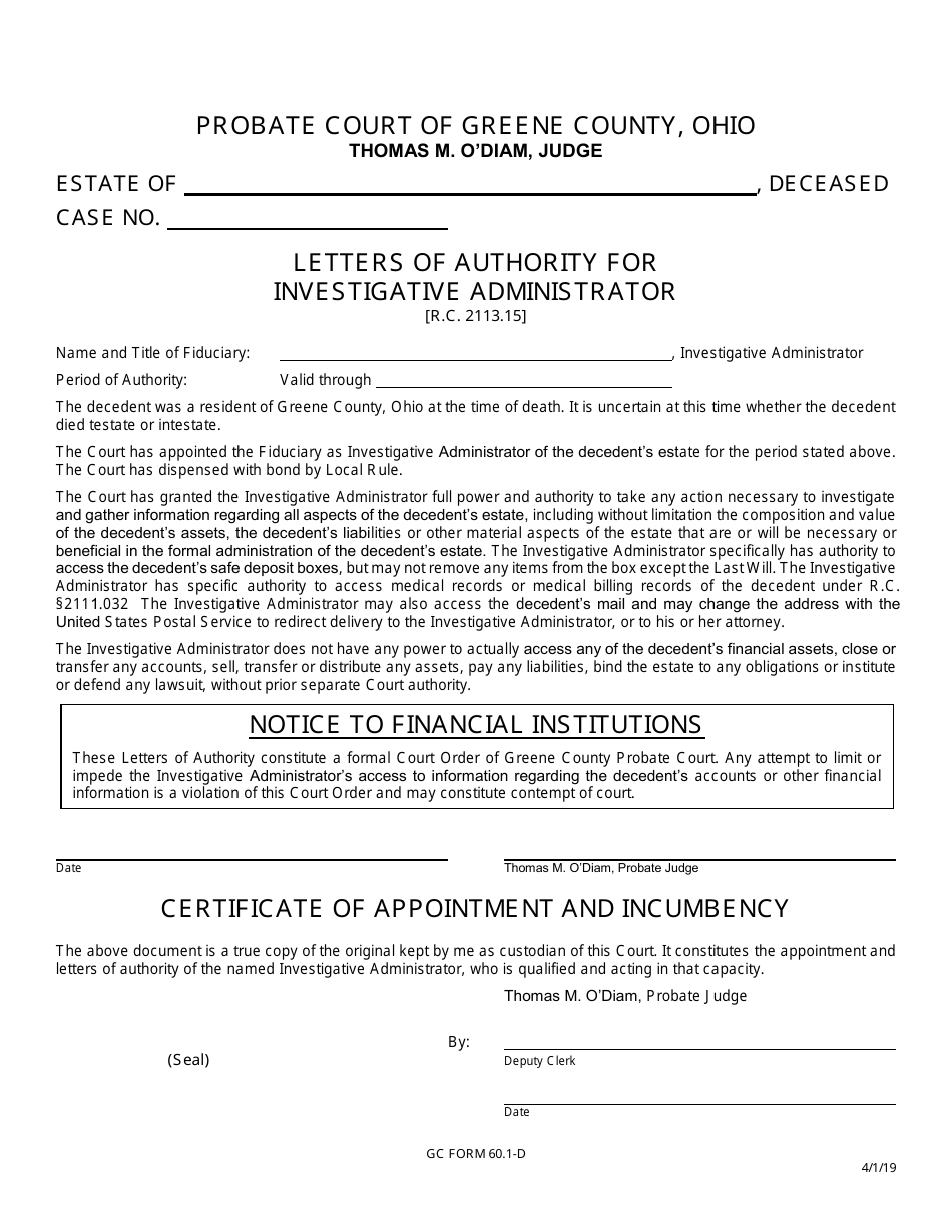 GC Form 60.1-D Letters of Authority for Investigative Administrator - Greene County, Ohio, Page 1