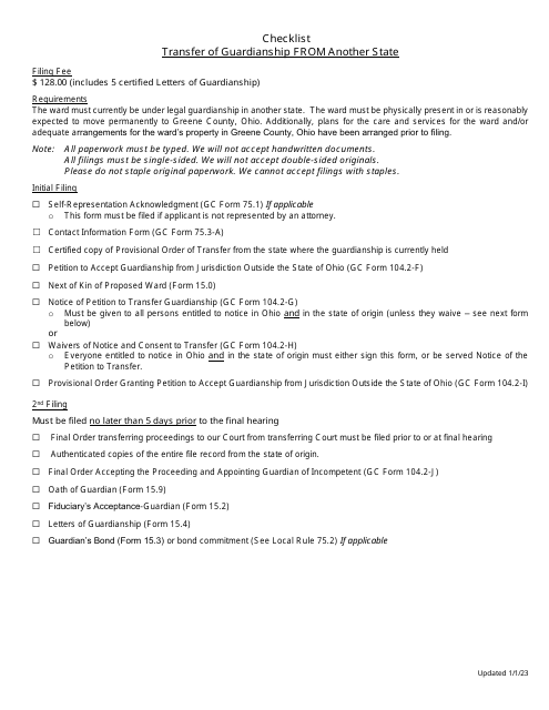 Checklist - Transfer of Guardianship From Another State - Greene County, Ohio