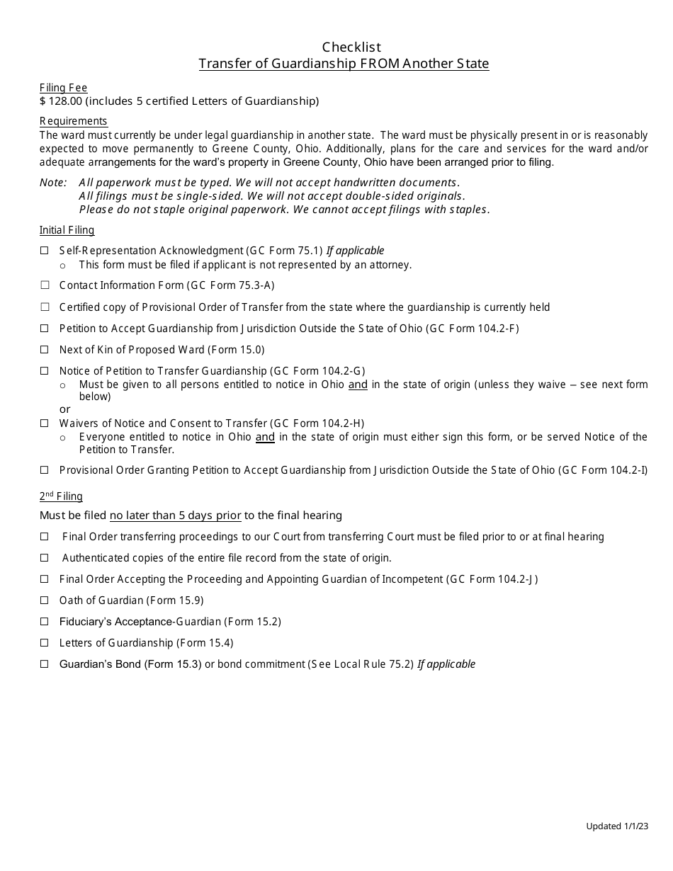 Checklist - Transfer of Guardianship From Another State - Greene County, Ohio, Page 1