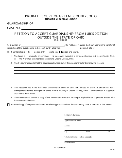 GC Form 104.2-F Petition to Accept Guardianship From Jurisdiction Outside the State of Ohio - Greene County, Ohio