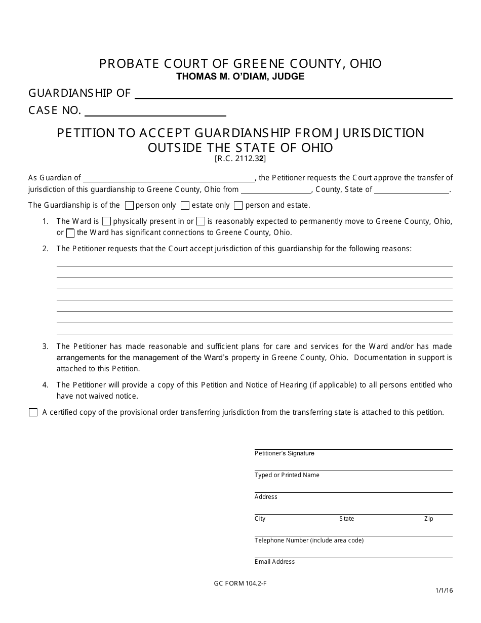 GC Form 104.2-F Petition to Accept Guardianship From Jurisdiction Outside the State of Ohio - Greene County, Ohio, Page 1