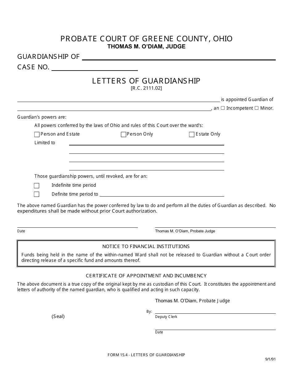 Form 15.4 Letters of Guardianship - Greene County, Ohio, Page 1