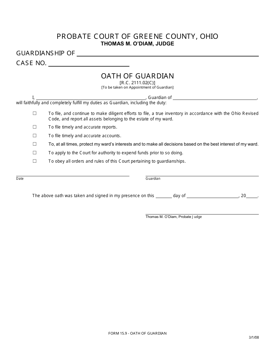 Form 15.9 Oath of Guardian - Greene County, Ohio, Page 1