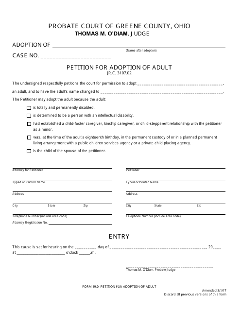 Form 19.0 Petition for Adoption of Adult - Greene County, Ohio