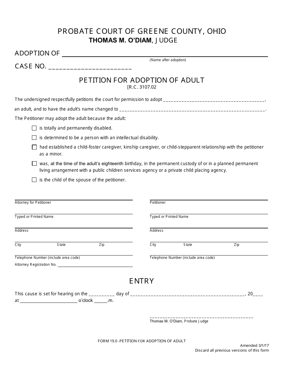 Form 19.0 Petition for Adoption of Adult - Greene County, Ohio, Page 1