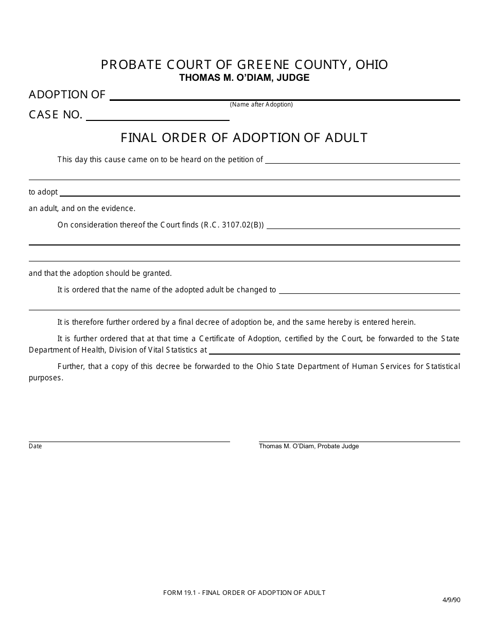 Form 19.1 Final Order of Adoption of Adult - Greene County, Ohio, Page 1