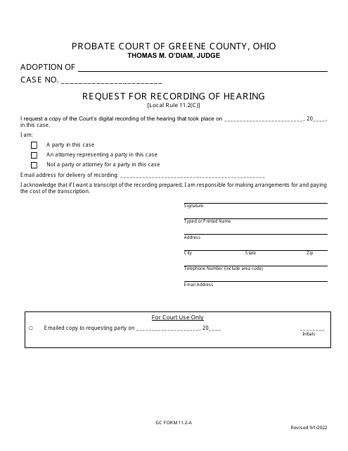 GC Form 11.2-A Request for Recording of Hearing - Greene County, Ohio