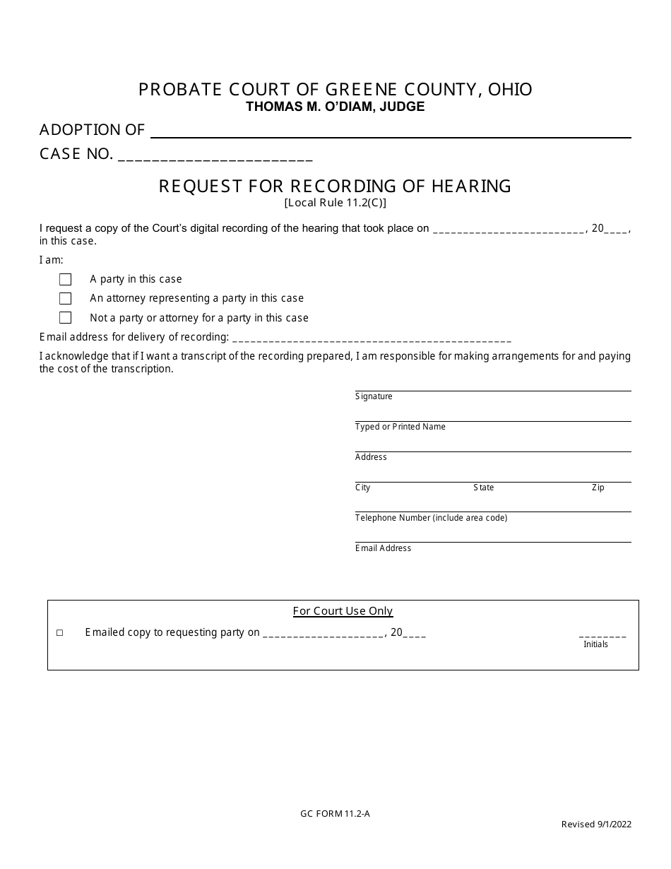 GC Form 11.2-A Request for Recording of Hearing - Greene County, Ohio, Page 1