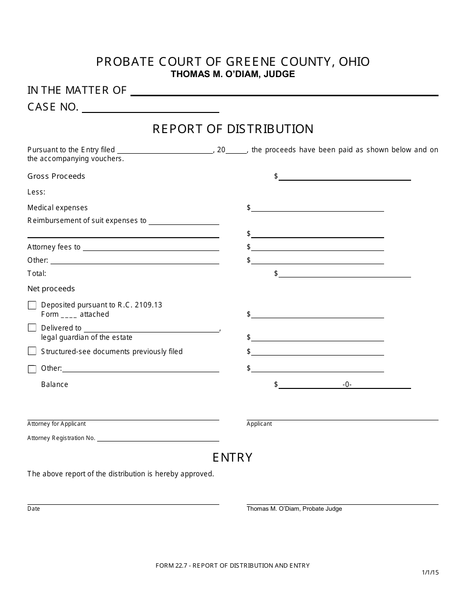 Form 22.7 Report of Distribution - Greene County, Ohio, Page 1