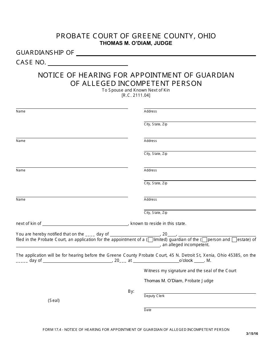 Form 17.4 Notice of Hearing for Appointment of Guardian of Alleged Incompetent Person - Greene County, Ohio, Page 1