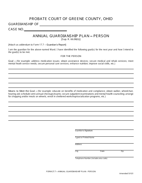 Form 27.7 Annual Guardianship Plan - Person - Greene County, Ohio