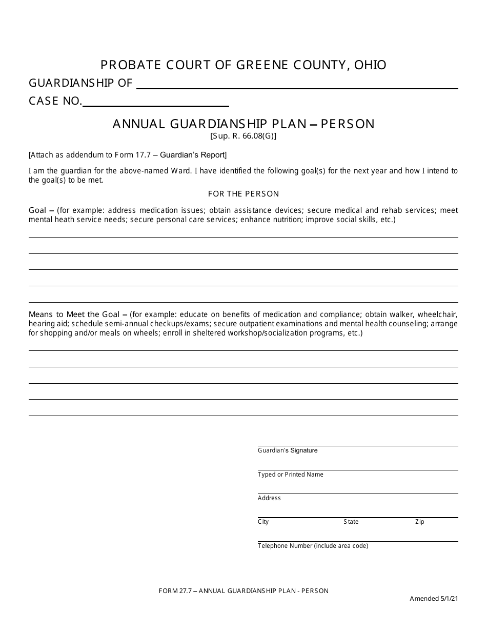 Form 27.7 Annual Guardianship Plan - Person - Greene County, Ohio, Page 1