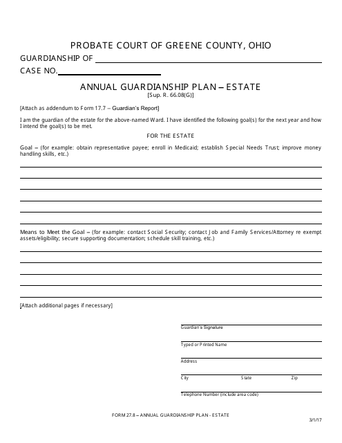 Form 27.8 Annual Guardianship Plan - Estate - Greene County, Ohio