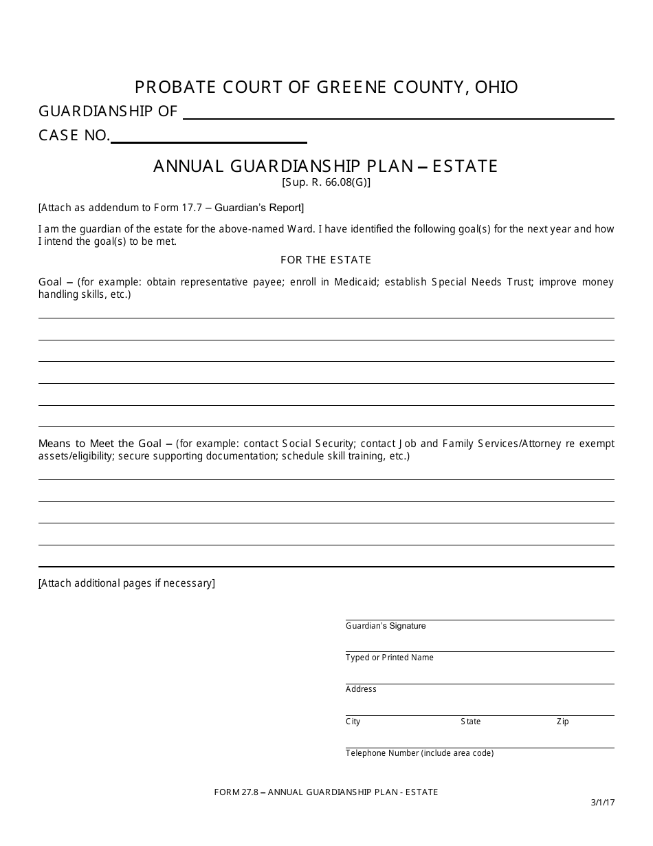 Form 27.8 Annual Guardianship Plan - Estate - Greene County, Ohio, Page 1