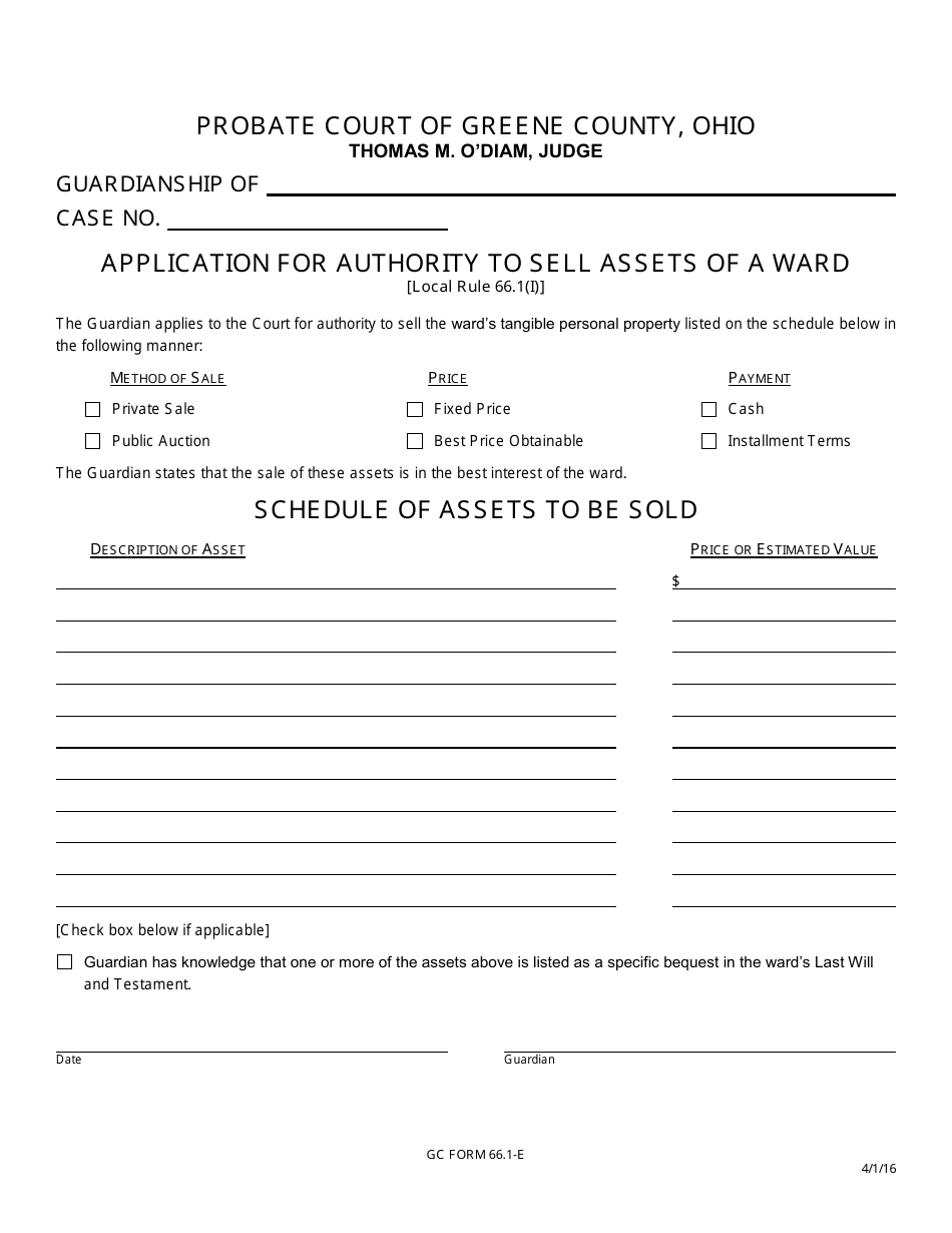 GC Form 66.1-E Application for Authority to Sell Assets of a Ward - Greene County, Ohio, Page 1