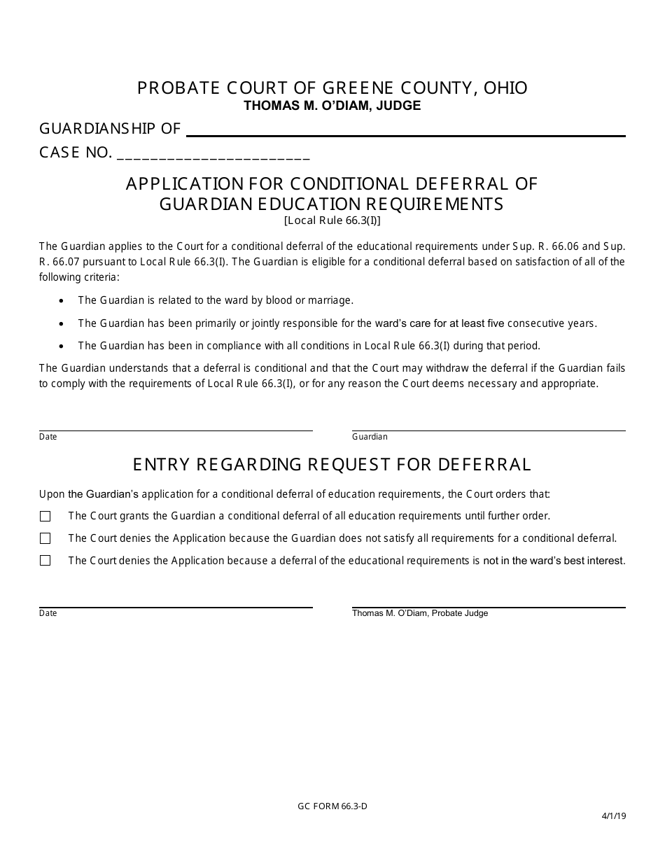 GC Form 66.3-D Application for Conditional Deferral of Guardian Education Requirements - Greene County, Ohio, Page 1