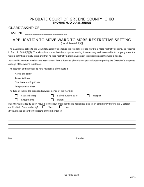 GC Form 66.3-F Application to Move Ward to More Restrictive Setting - Greene County, Ohio