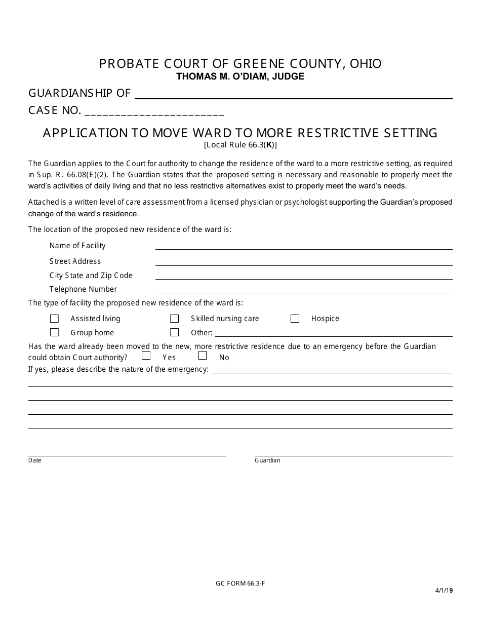 GC Form 66.3-F Application to Move Ward to More Restrictive Setting - Greene County, Ohio, Page 1