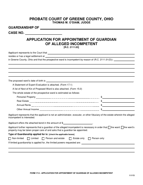 Form 17.0 Application for Appointment of Guardian of Alleged Incompetent - Greene County, Ohio