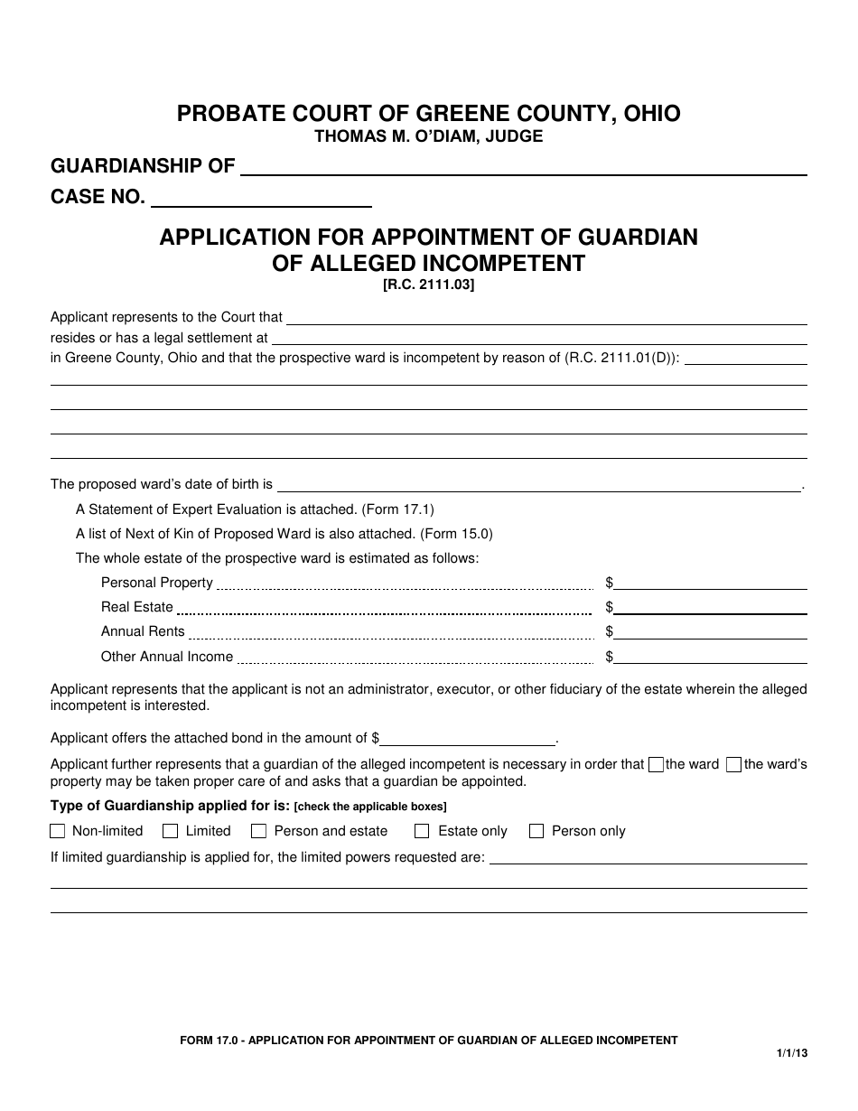 Form 17.0 Application for Appointment of Guardian of Alleged Incompetent - Greene County, Ohio, Page 1