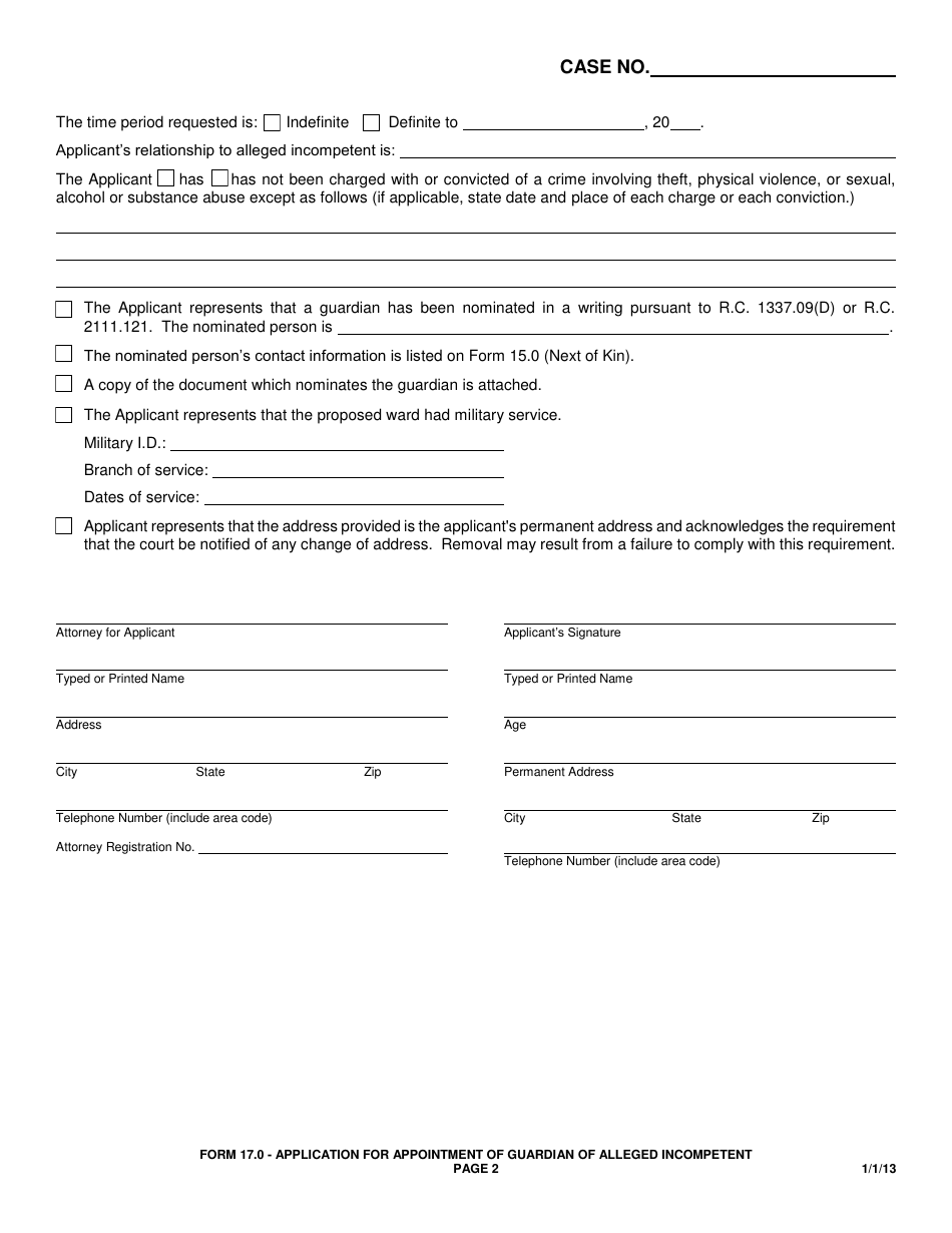 Form 17.0 Application for Appointment of Guardian of Alleged Incompetent - Greene County, Ohio, Page 2