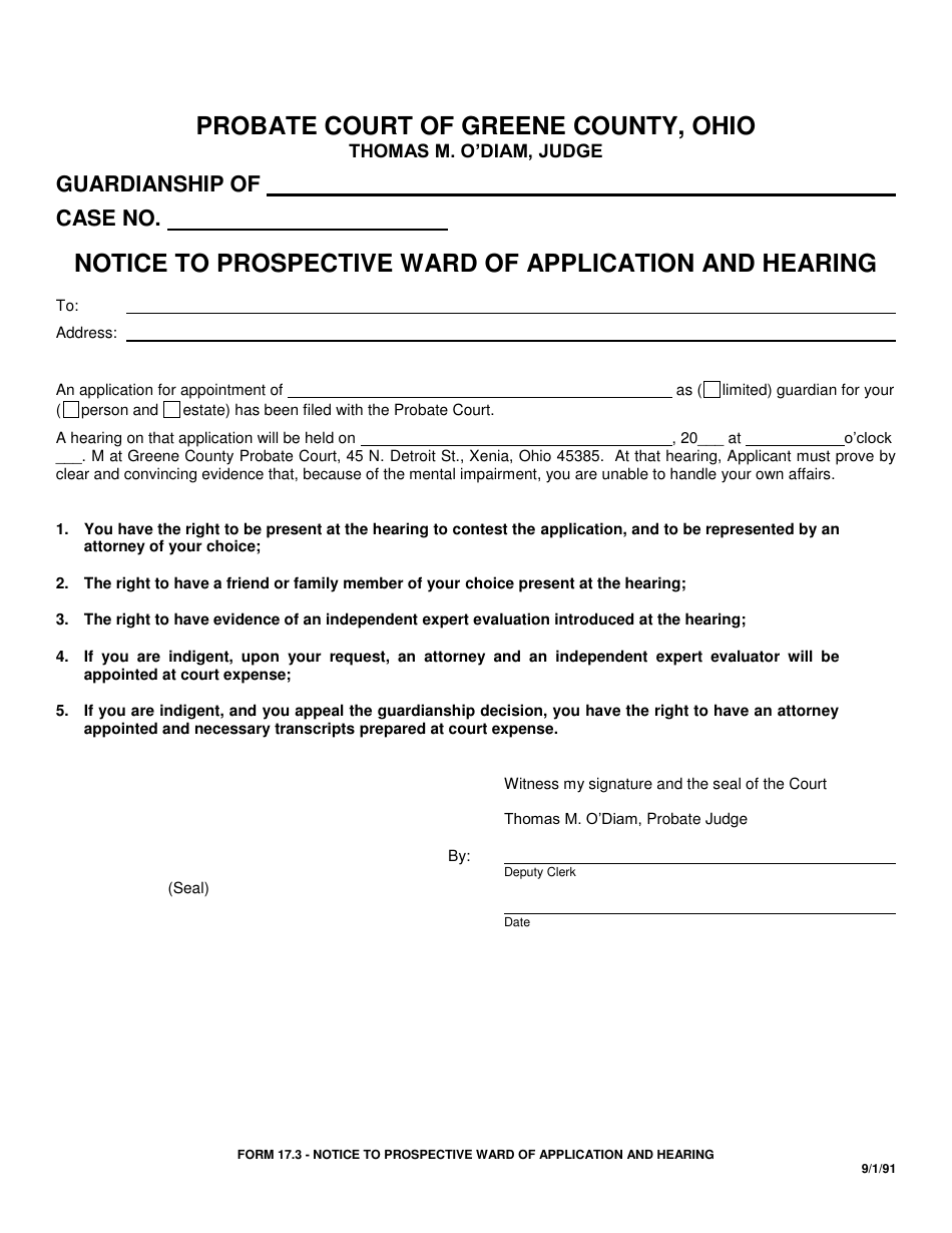 Form 17.3 Notice to Prospective Ward of Application and Hearing - Greene County, Ohio, Page 1