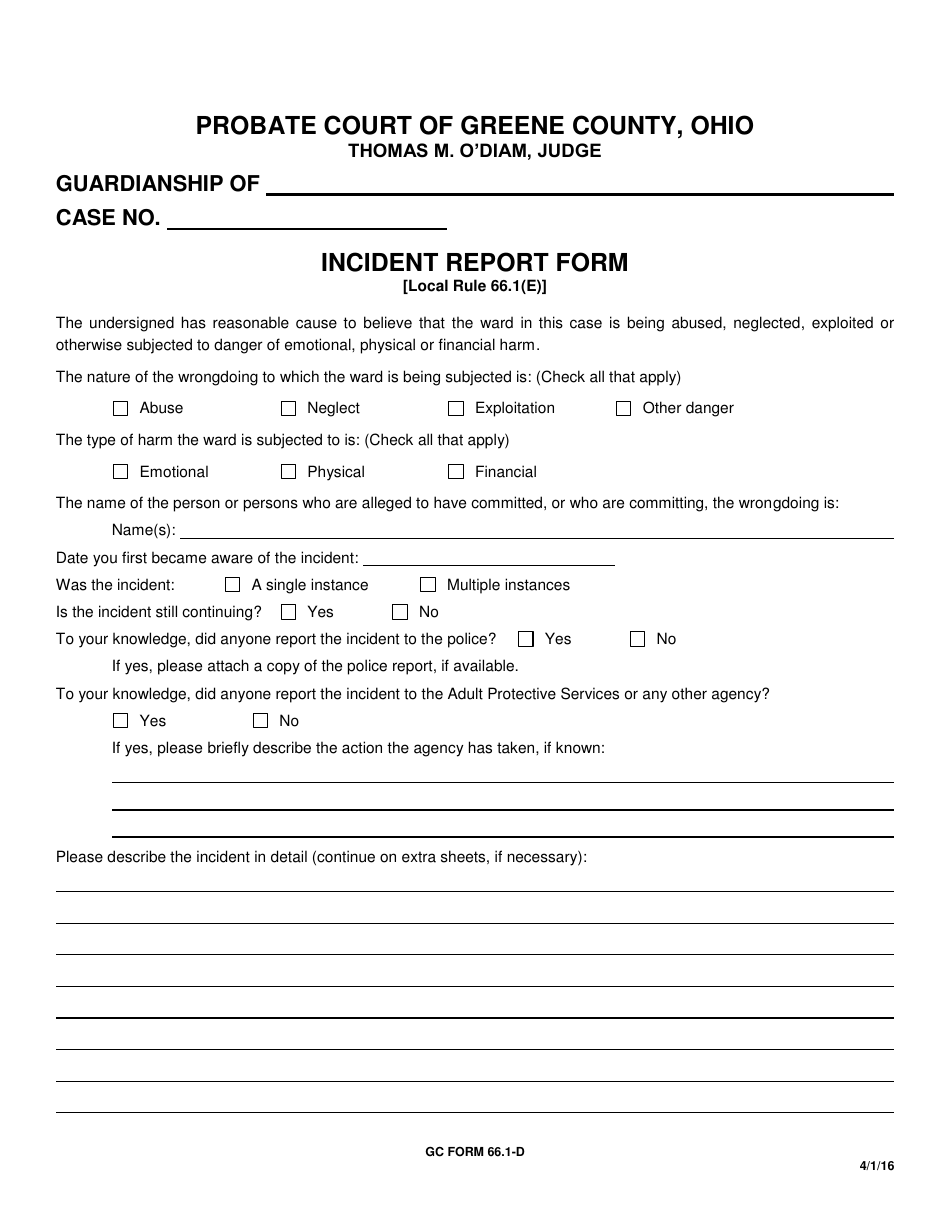 GC Form 66.1-D Incident Report Form - Greene County, Ohio, Page 1
