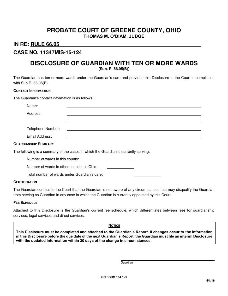 GC Form 104.1-B Disclosure of Guardian With Ten or More Wards - Greene County, Ohio, Page 1