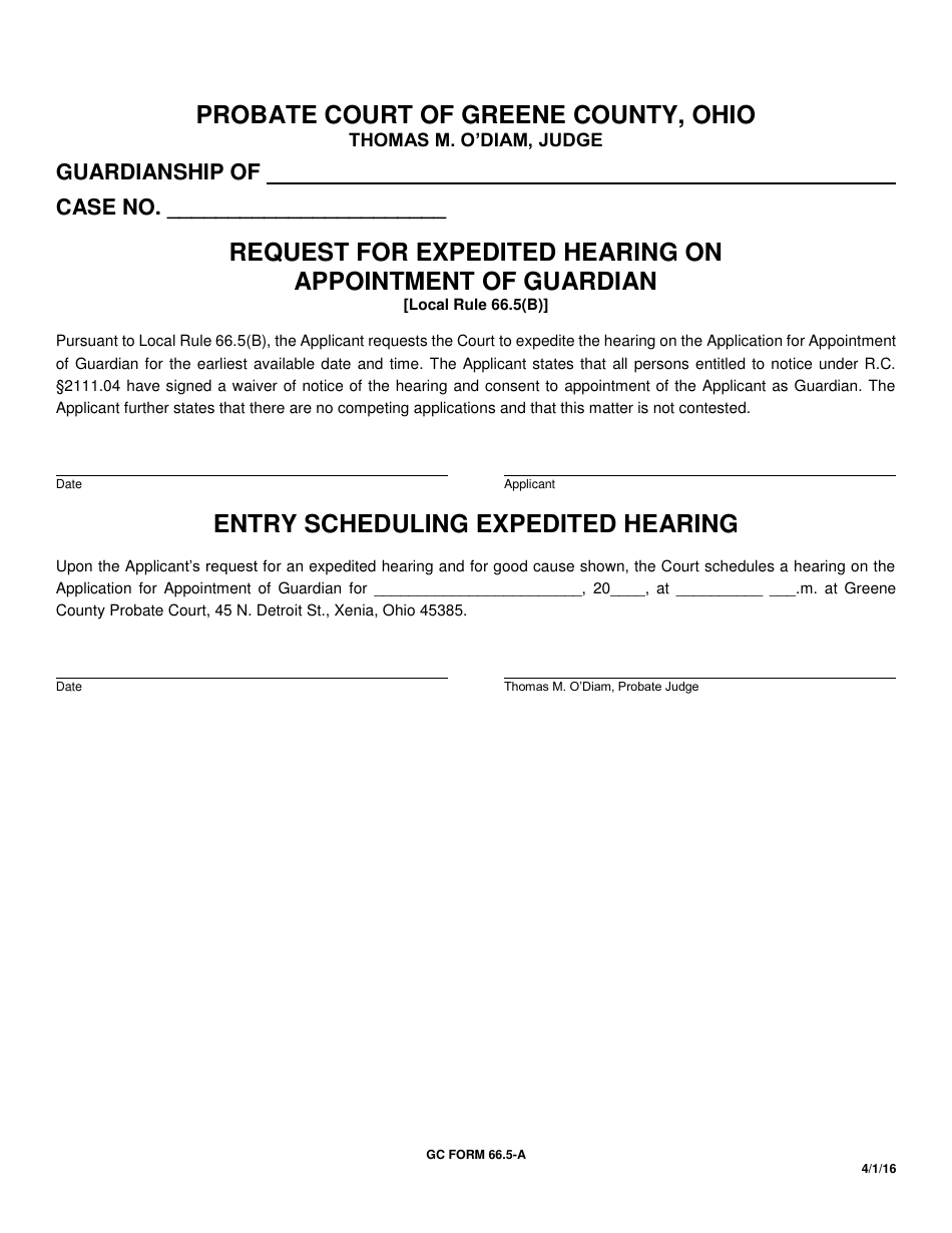 GC Form 66.5-A Request for Expedited Hearing on Appointment of Guardian - Greene County, Ohio, Page 1
