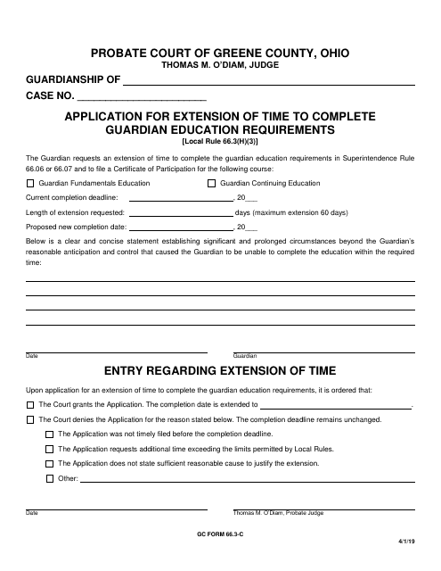 GC Form 66.3-C Application for Extension of Time to Complete Guardian Education Requirements - Greene County, Ohio