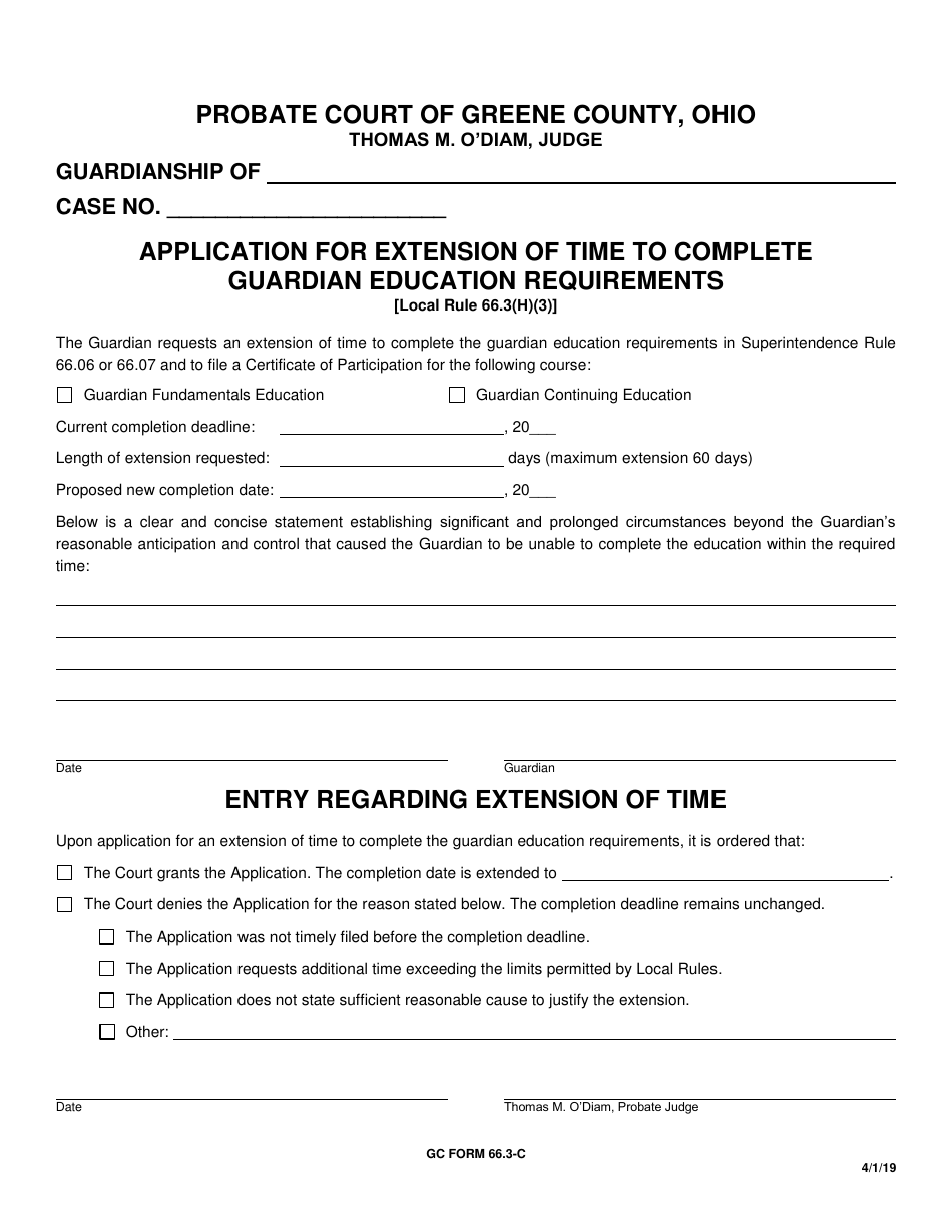 GC Form 66.3-C Application for Extension of Time to Complete Guardian Education Requirements - Greene County, Ohio, Page 1