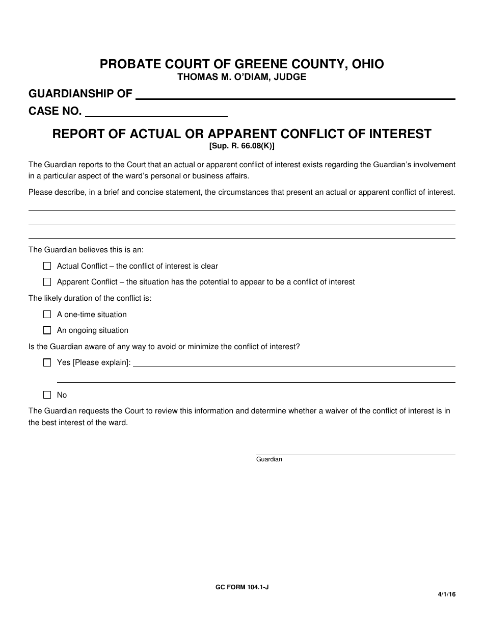 GC Form 104.1-J Report of Actual or Apparent Conflict of Interest - Greene County, Ohio, Page 1