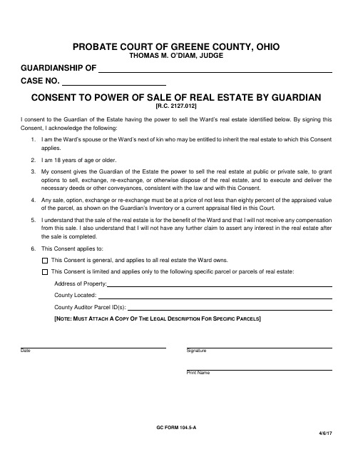 GC Form 104.5-A Consent to Power of Sale of Real Estate by Guardian - Greene County, Ohio