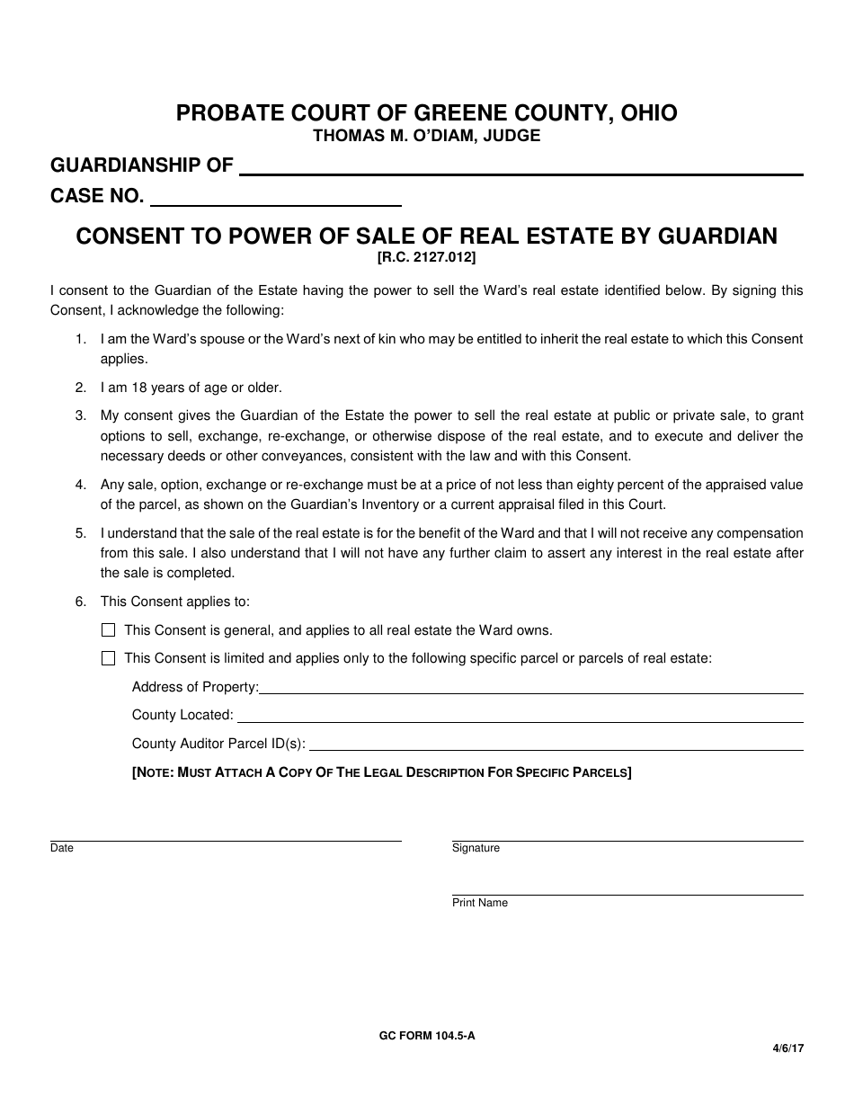 GC Form 104.5-A Consent to Power of Sale of Real Estate by Guardian - Greene County, Ohio, Page 1