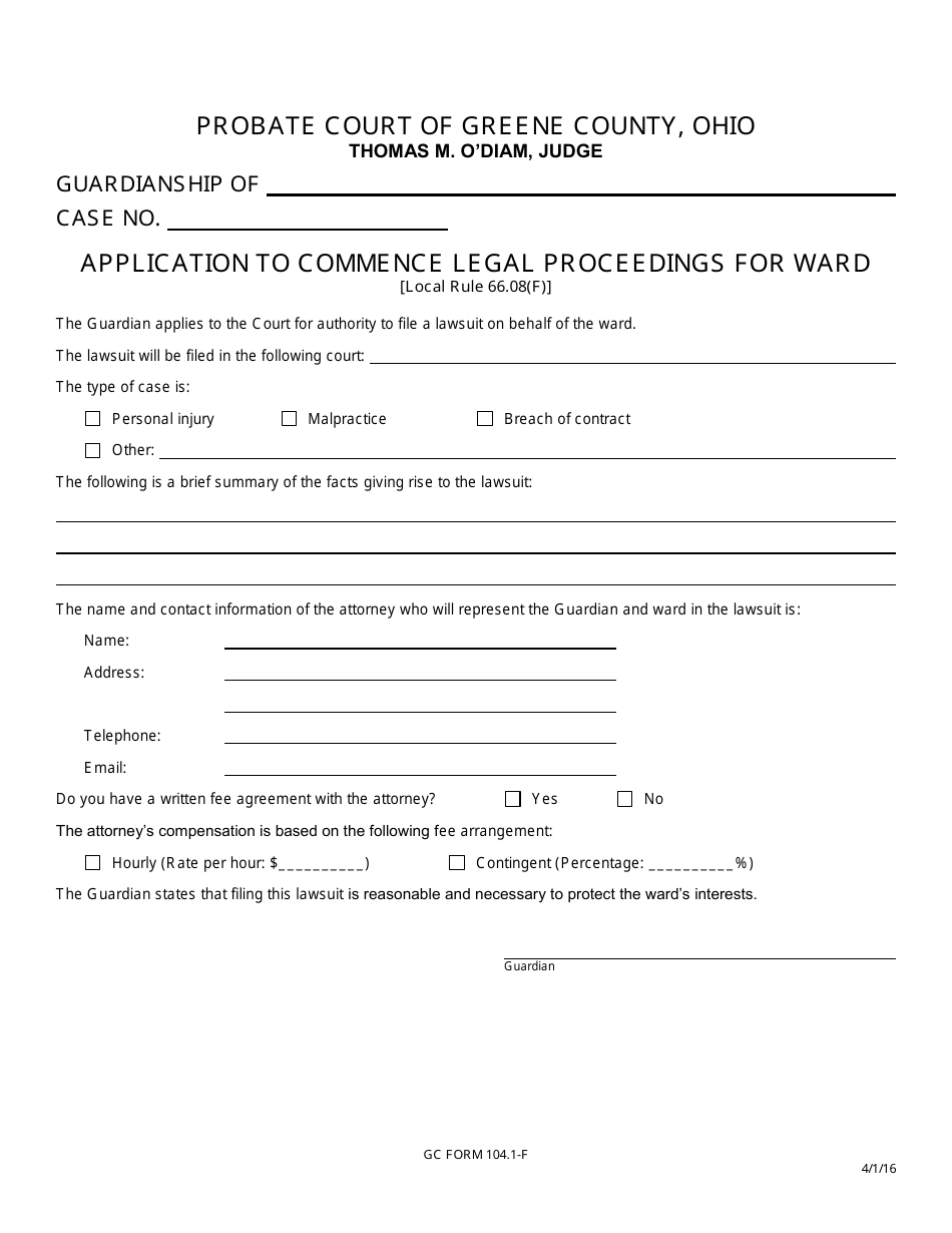 GC Form 104.1-F Application to Commence Legal Proceedings for Ward - Greene County, Ohio, Page 1