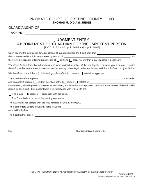 Form 17.5 Judgment Entry Appointment of Guardian for Incompetent Person - Greene County, Ohio