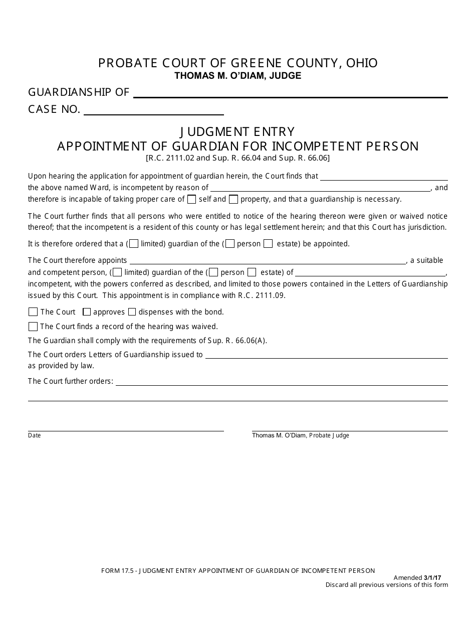 Form 17.5 Judgment Entry Appointment of Guardian for Incompetent Person - Greene County, Ohio, Page 1