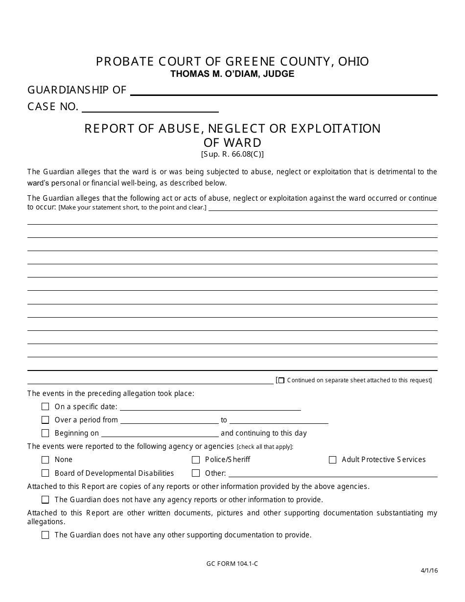 GC Form 104.1-C Report of Abuse, Neglect or Exploitation of Ward - Greene County, Ohio, Page 1