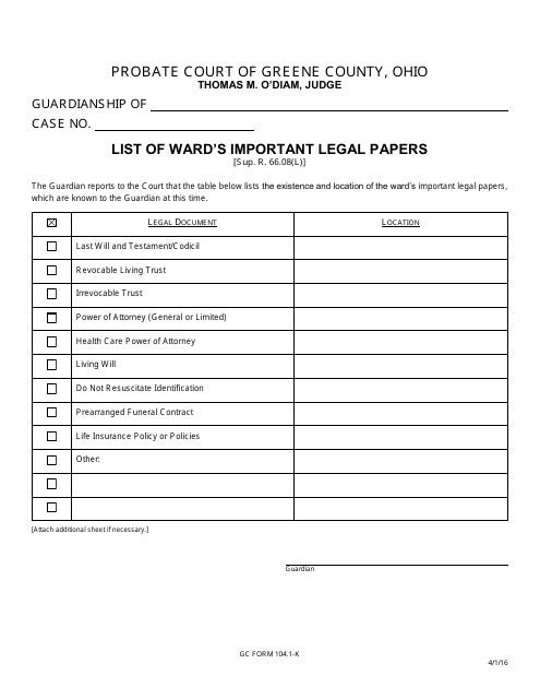 GC Form 104.1-K List of Ward's Important Legal Papers - Greene County, Ohio