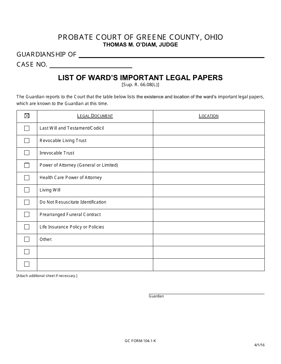 GC Form 104.1-K List of Wards Important Legal Papers - Greene County, Ohio, Page 1