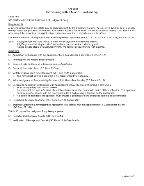 Checklist - Dispensing With a Minor Guardianship - Greene County, Ohio Download Pdf