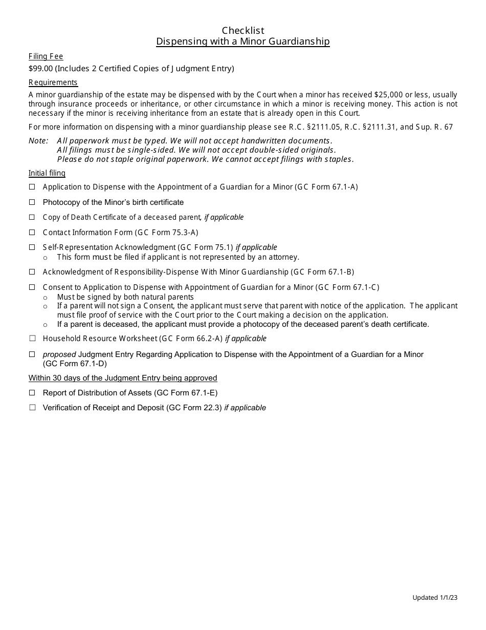 Checklist - Dispensing With a Minor Guardianship - Greene County, Ohio, Page 1