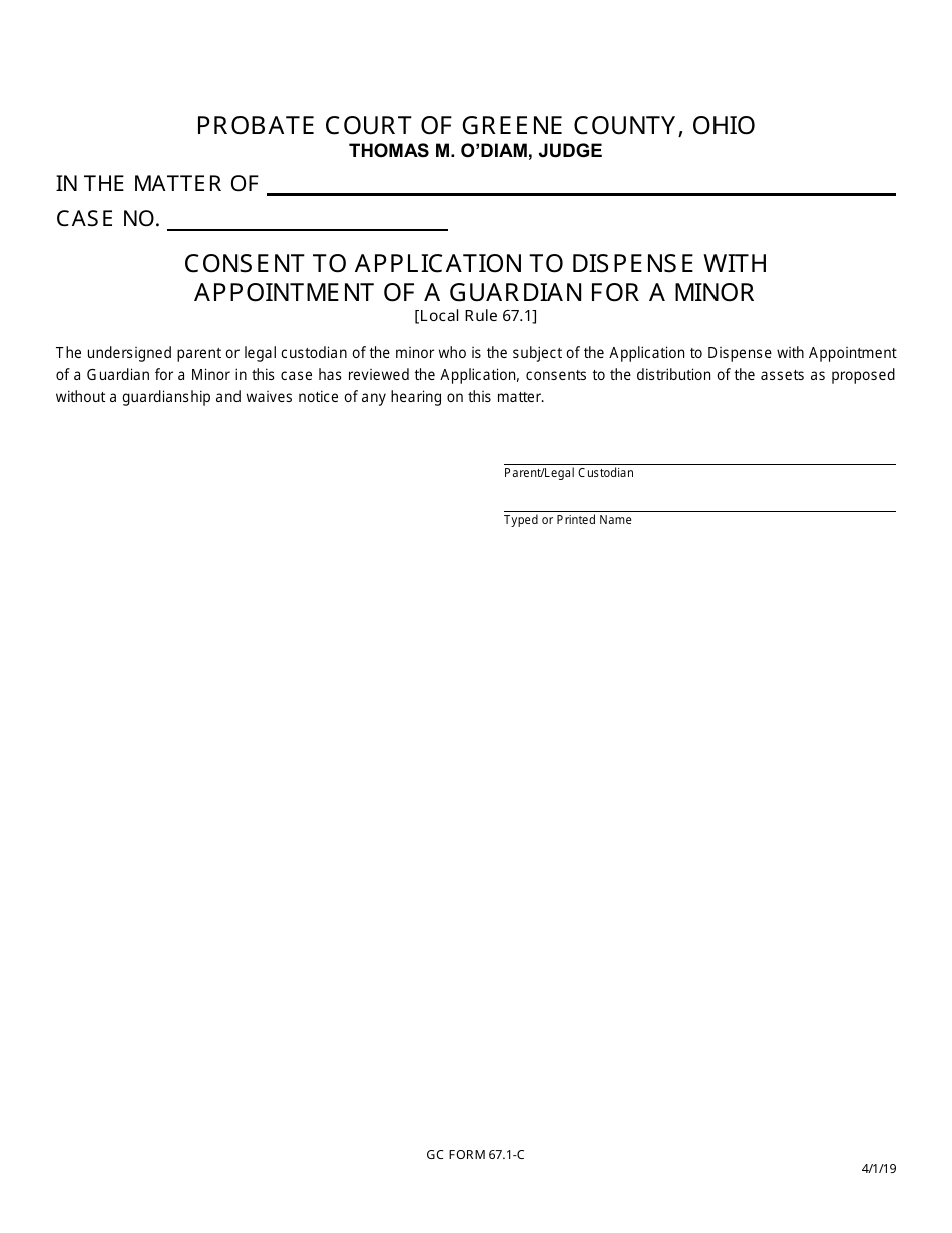 GC Form 67.1-C Consent to Application to Dispense With Appointment of a Guardian for a Minor - Greene County, Ohio, Page 1