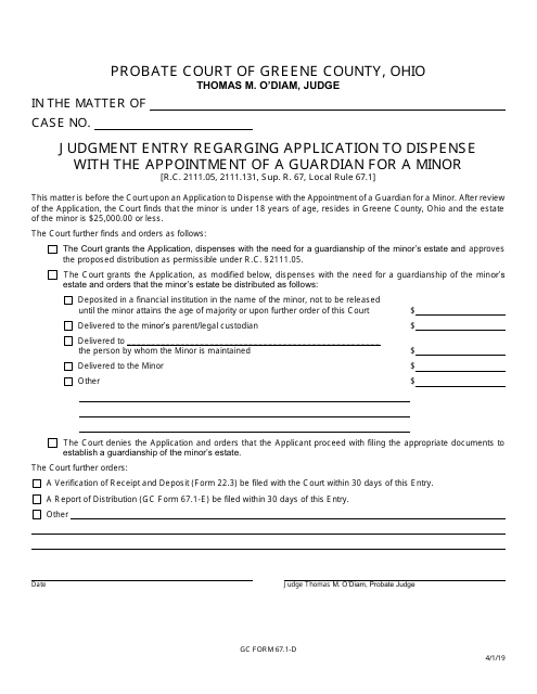 GC Form 67.1-D Judgment Entry Regarging Application to Dispense With the Appointment of a Guardian for a Minor - Greene County, Ohio