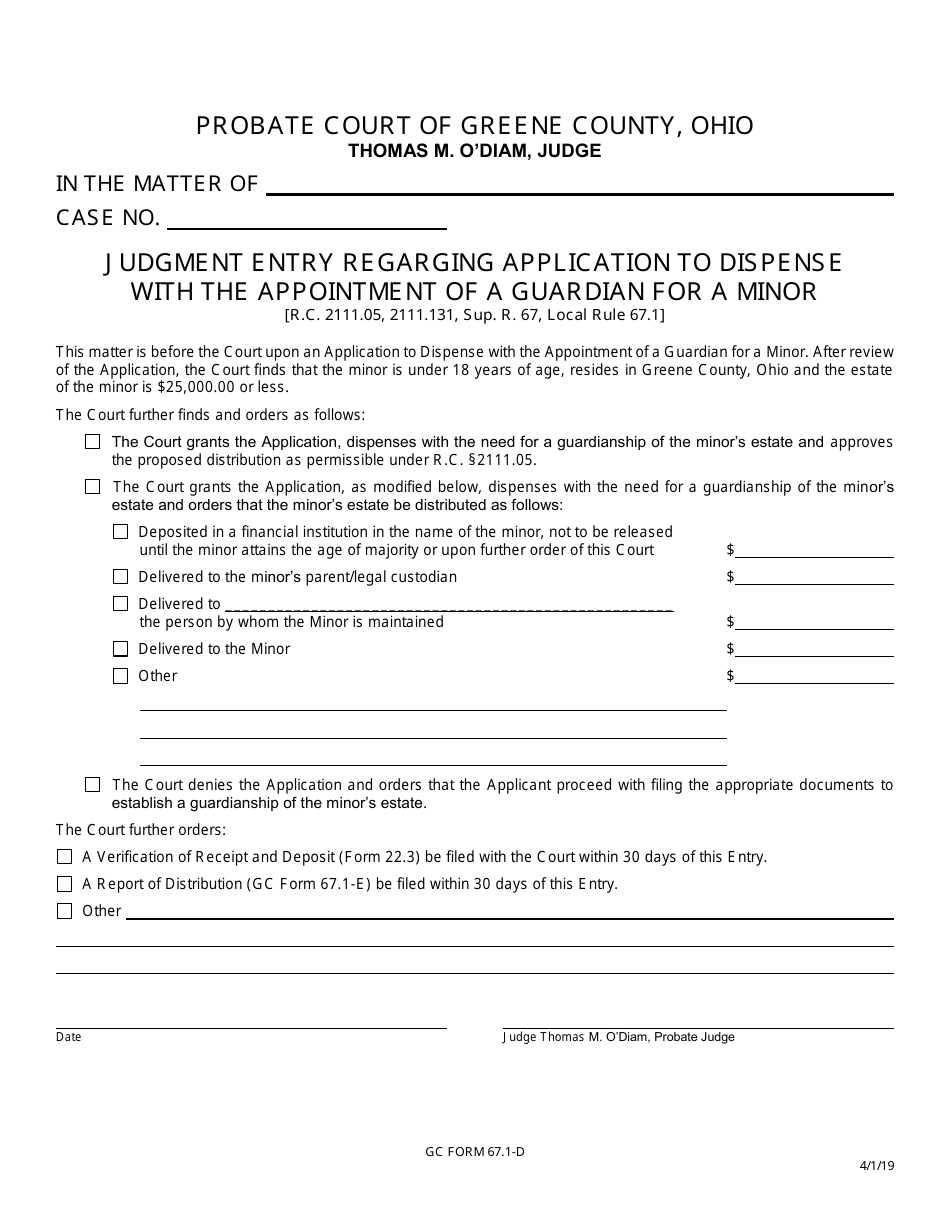 GC Form 67.1-D Judgment Entry Regarging Application to Dispense With the Appointment of a Guardian for a Minor - Greene County, Ohio, Page 1