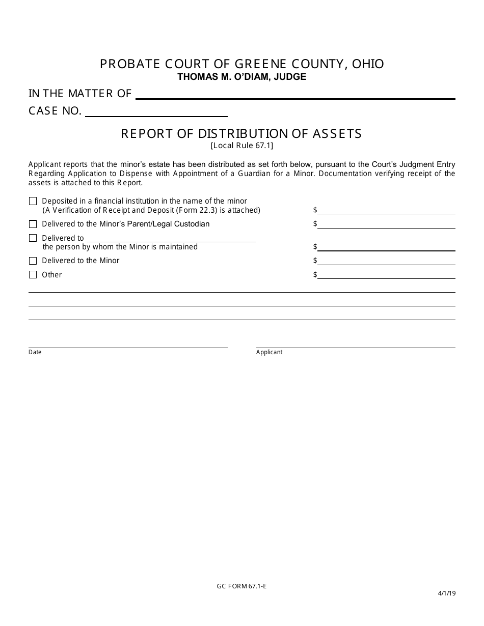 GC Form 67.1-E Report of Distribution of Assets - Greene County, Ohio, Page 1