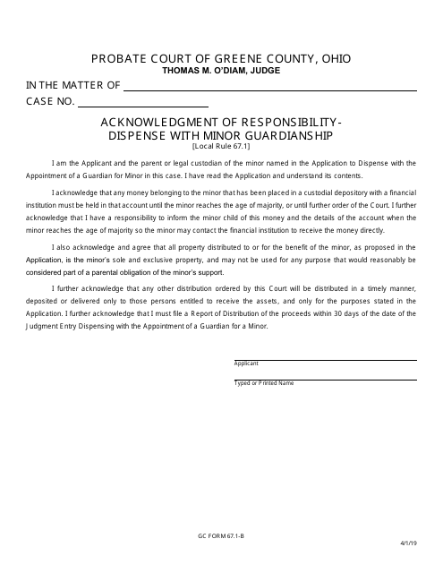 GC Form 67.1-B Acknowledgment of Responsibility Dispense With Minor Guardianship - Greene County, Ohio