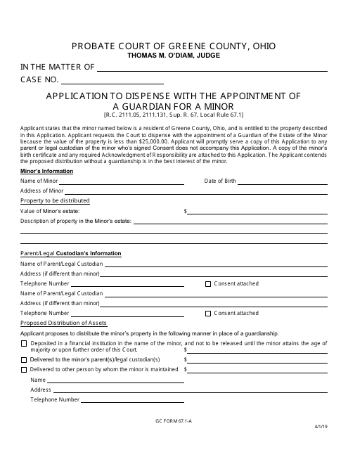 GC Form 67.1-A Application to Dispense With the Appointment of a Guardian for a Minor - Greene County, Ohio