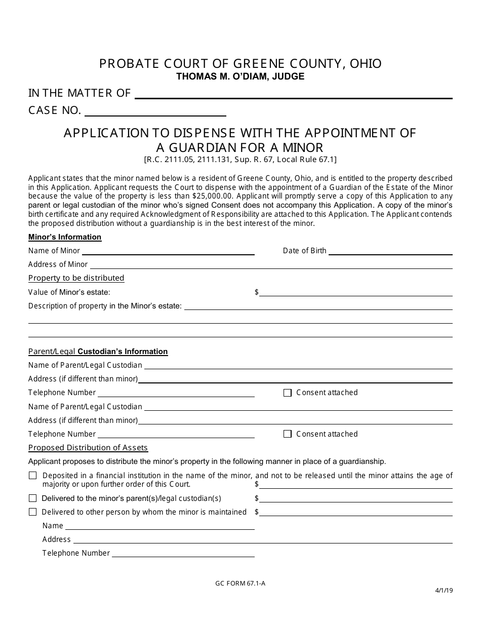 GC Form 67.1-A Application to Dispense With the Appointment of a Guardian for a Minor - Greene County, Ohio, Page 1