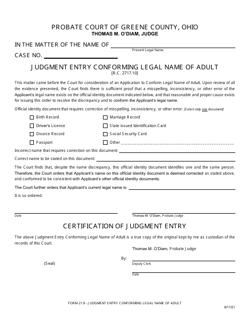 Form 21.8 Judgment Entry Conforming Legal Name of Adult - Greene County, Ohio